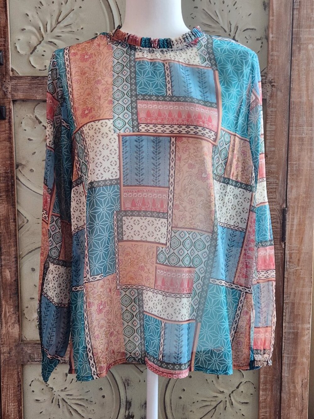 World Market Sheer Boho Patchwork Print Long Sleeve Blouse | S/M